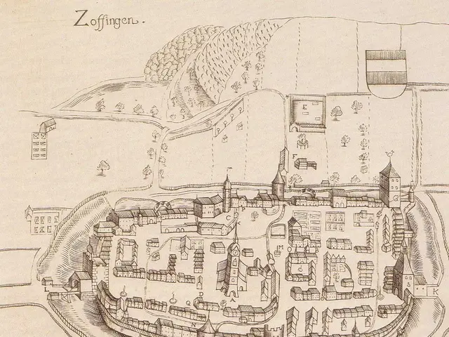 The image shows an old map of the city of Zoffingen, Germany, with buildings, trees, and text on a...