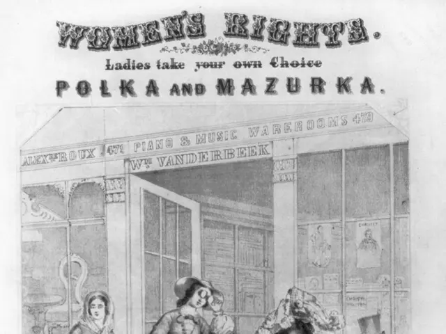 The image shows a paper with a drawing of three women standing in front of a building, with the...