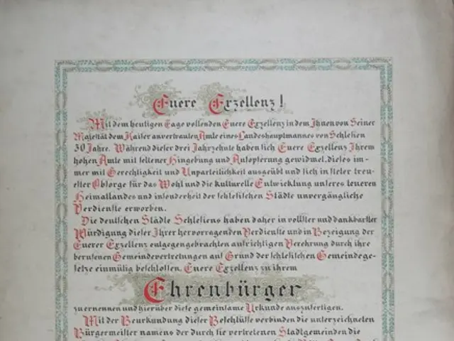 The image shows an old document with a red and blue border on a white background. The text on the...