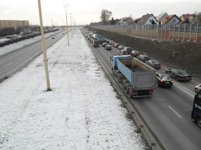 The image shows a long line of cars driving down a snow covered highway, with poles lining the...