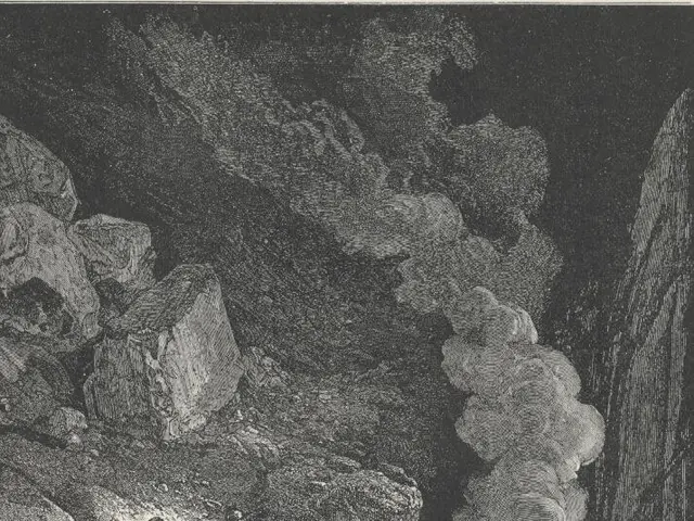 The image shows a black and white engraving of a man standing in front of a dragon in a cave,...