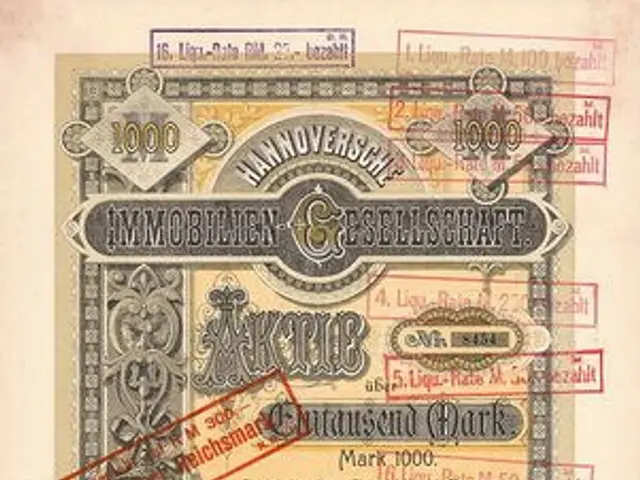 The image shows an old German banknote with a red stamp on it. The paper has text, numbers, and...