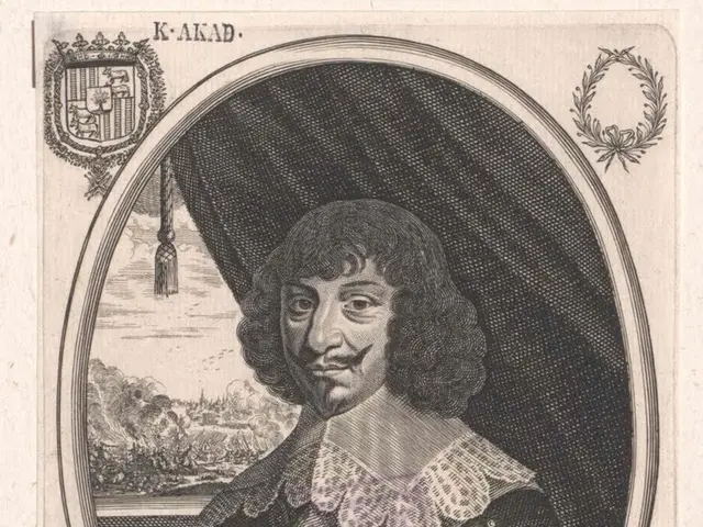 The image shows a black and white portrait of Henry de Fox de la Vallette, a man with a human face....