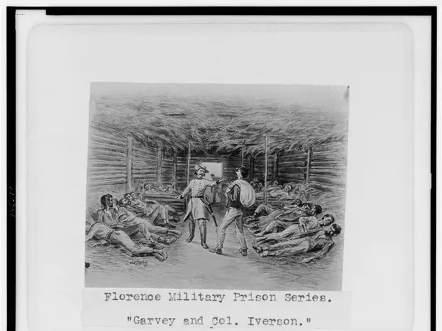 The image shows a black and white drawing of a group of people in a prison, with a man standing in...