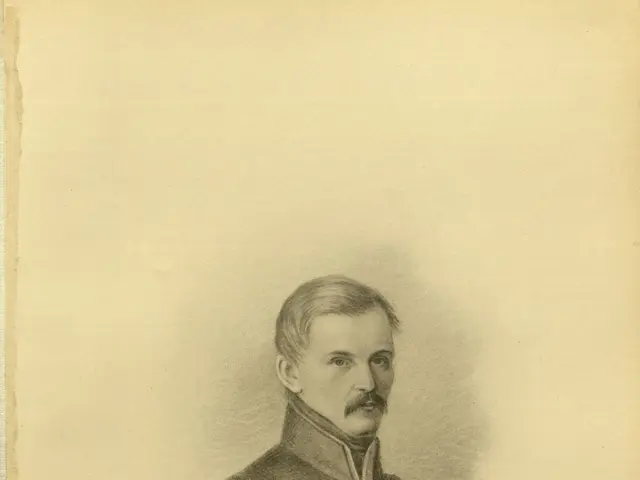 The image shows an old book with a drawing of a man in a military uniform. The man is believed to...