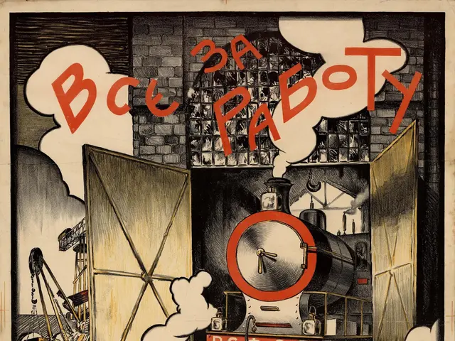 The image shows a Russian propaganda poster with a train on the tracks, surrounded by people,...