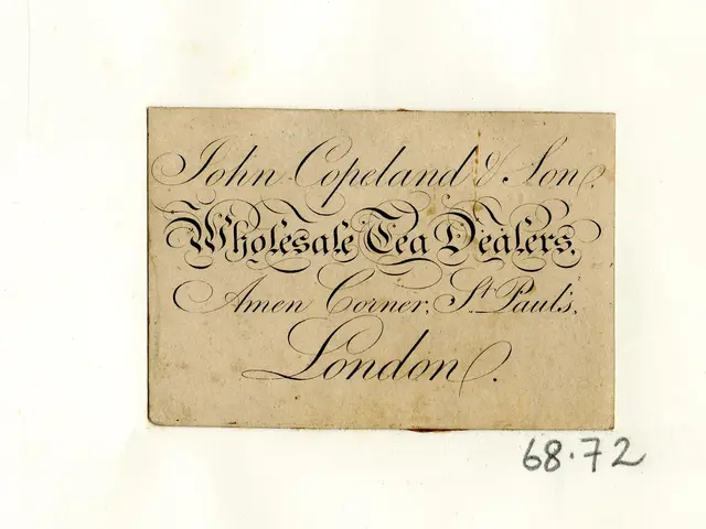 The image shows an old business card with the words "John Copeland, Son of Wholesale Tea Dealers,...