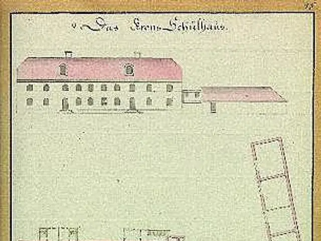 The image shows a drawing of a building with a lot of windows and a ladder, which is believed to be...