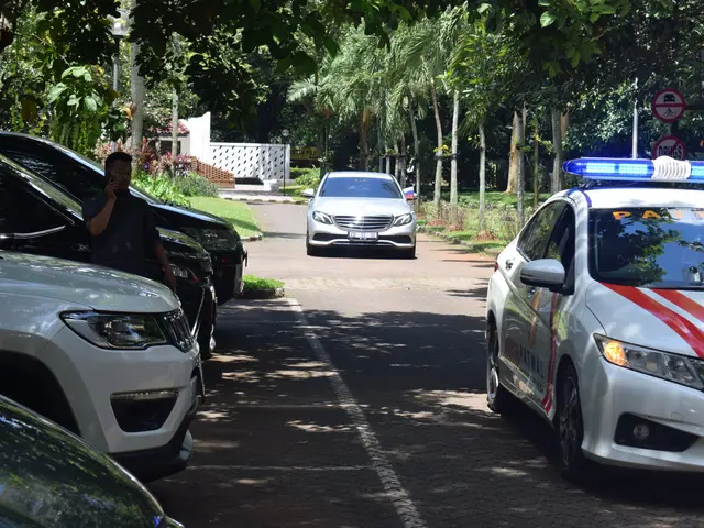 The image shows a police car parked on the side of a road next to other cars. There is a person...