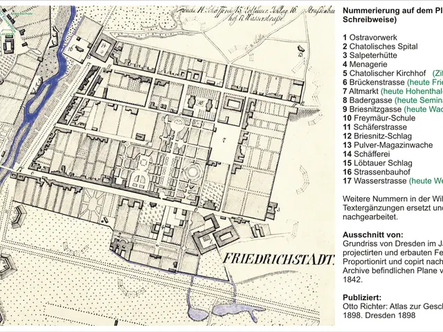 The image shows a poster with a map of the city of Friedrichstadt, Germany, with text on the right...