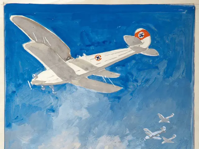 The image shows a poster advertising a plane flying in the sky with other planes in the background....