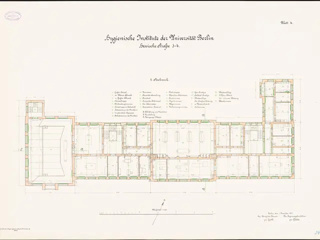 The image shows a drawing of a floor plan of a building with a lot of rooms, labeled as the...