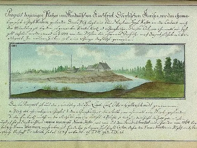 The image shows an old book with a drawing of a river and a house in the background, surrounded by...