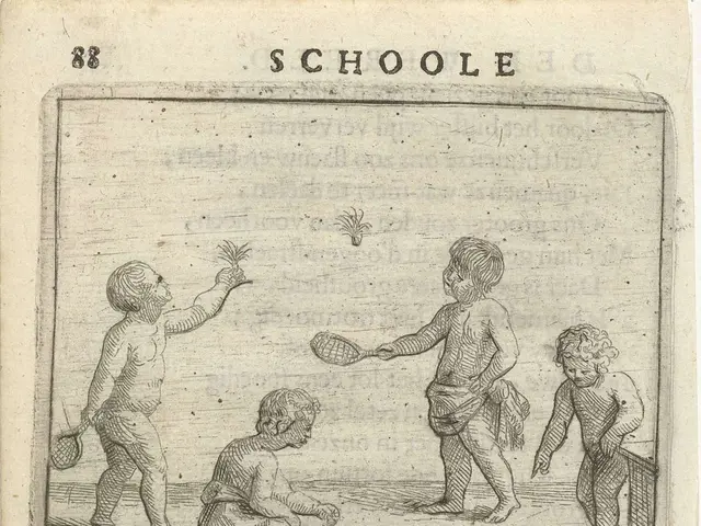 The image shows an open book with a drawing of three children playing with a ball. The book is...