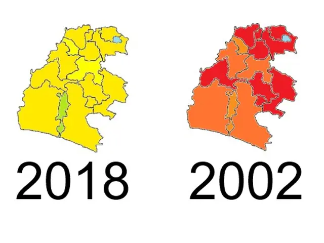 The image shows a map of Germany with the provinces of 2018 and 2002 highlighted in yellow, red,...