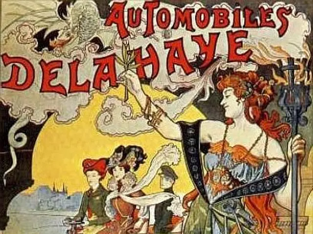 The image shows a poster advertising automobiles in Paris, France. It features a woman in a car,...