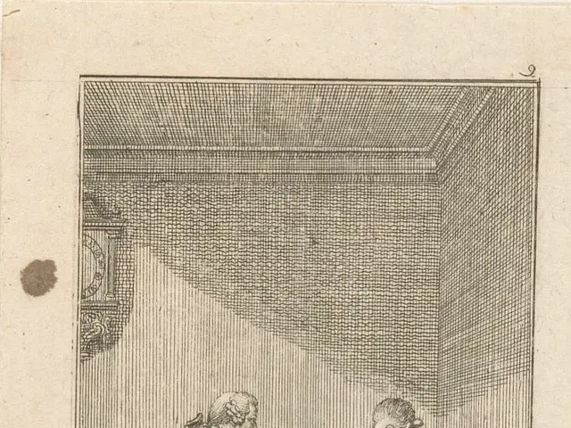 The image shows an engraving of a man and woman sitting in a chair, engaged in a conversation. The...