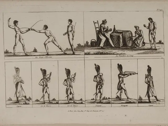 The image shows a page from a book with a drawing of a man in a suit and a woman in a dress, both...