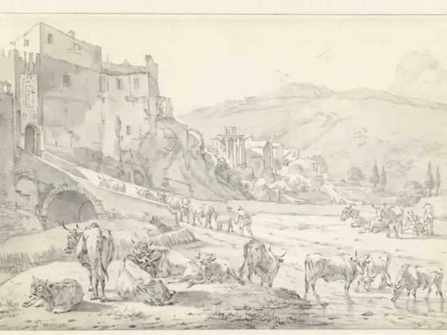 The image shows a drawing of a village with a herd of cattle grazing in the foreground, surrounded...