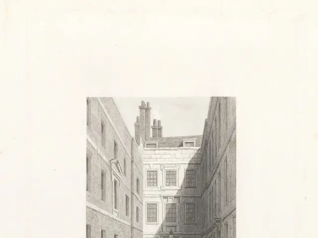 The image shows a drawing of a courtyard with people walking down it, surrounded by buildings with...