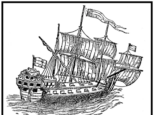 The image shows a black and white drawing of a ship sailing on the water, with flags fluttering in...