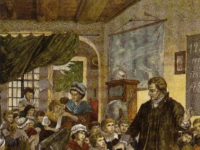 The image shows a painting of a man standing in front of a classroom full of children, some of whom...