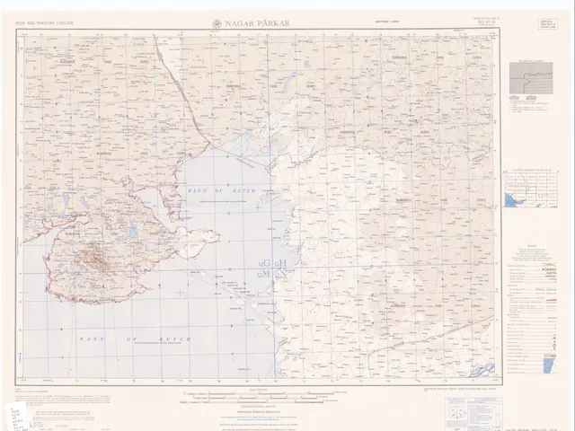 The image shows a topographic map of India and Pakistan, with the borders of the two countries...