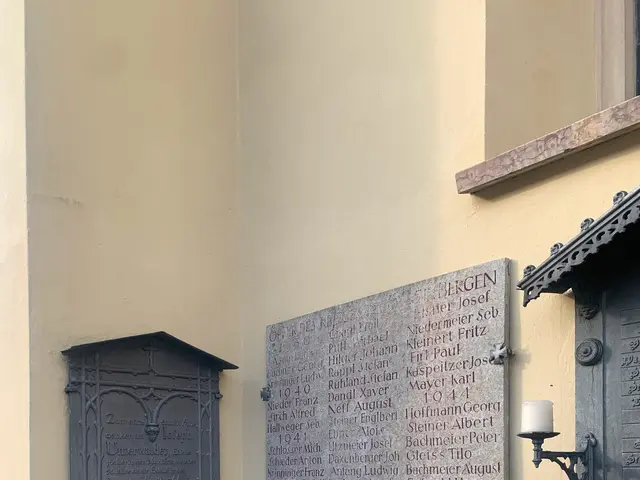 The image shows a building with a plaque on the side of it, a window, a door, a light, a chain, and...