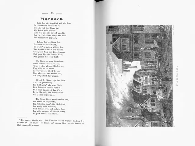 The image shows an open book with a black and white drawing of a cityscape featuring buildings,...