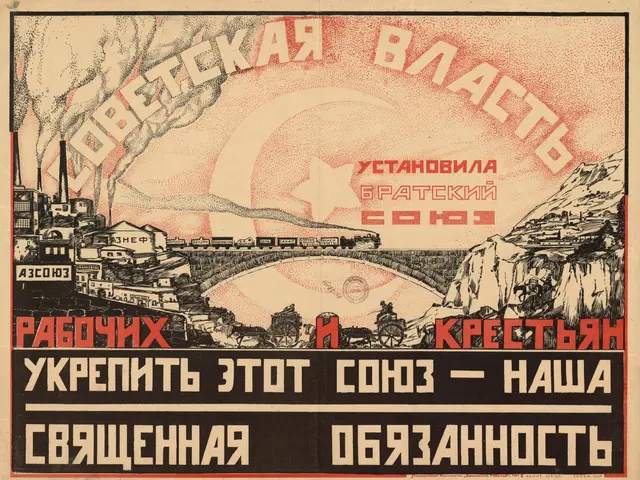 The image shows a Soviet propaganda poster with a picture of a train on it, surrounded by...