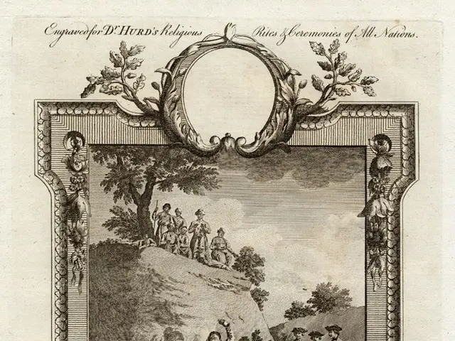 The image shows an Indian woman burning herself on the death of her husband, surrounded by a group...