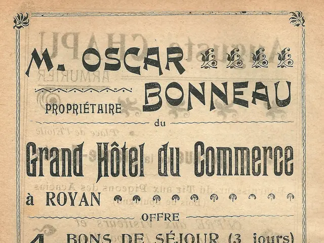 The image shows an old advertisement for the Grand Hotel du Commerce in Paris, France. The paper...