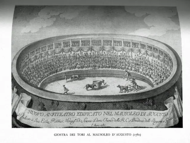 The image shows a black and white drawing of a bullfight in a large arena, with a group of people...