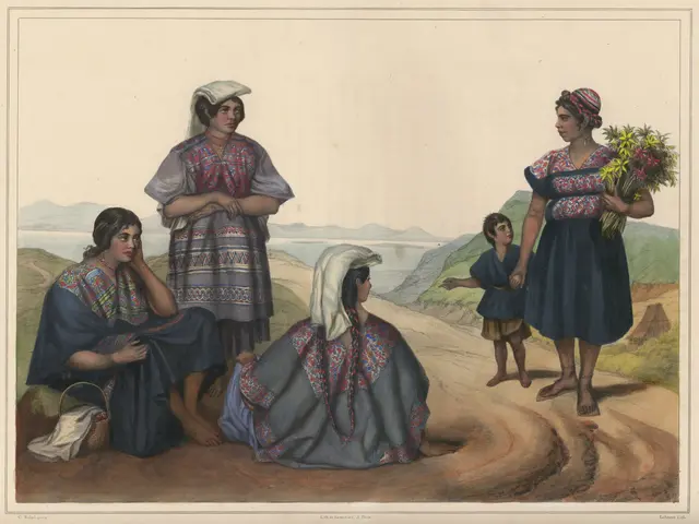 The image shows a group of women in traditional Mexican clothing standing next to each other, with...