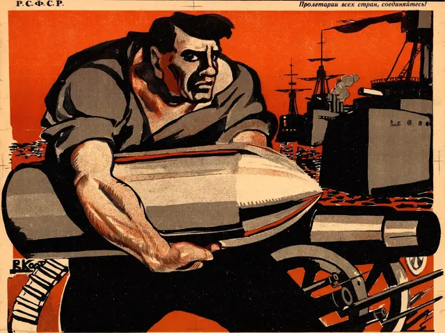 The image shows a Soviet propaganda poster for the Soviet Union featuring a man holding a gun. The...