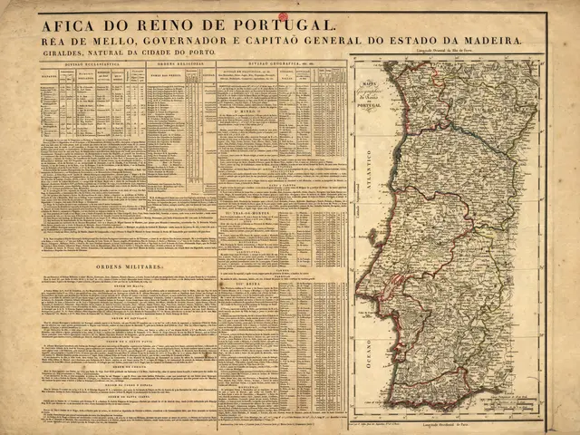 The image shows an old map of Portugal with the provinces of Portugal highlighted. The paper has...
