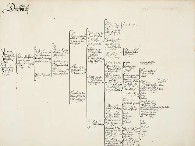 The image shows an open book with handwriting on it, which is a genealogical chart of the family...