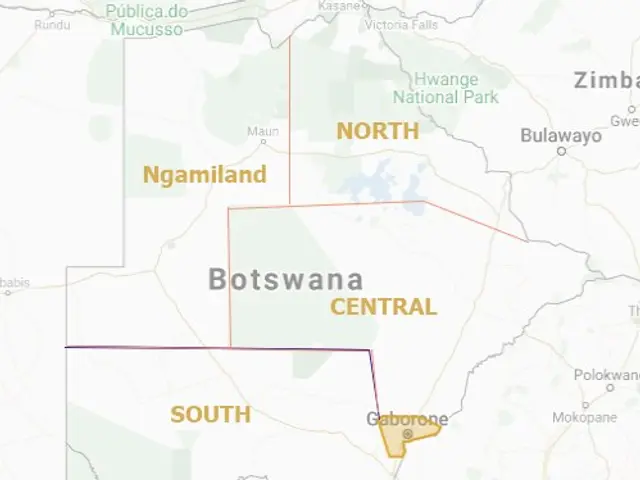 The image shows a map of Botswana Central, with text indicating the location of the city. It is a...