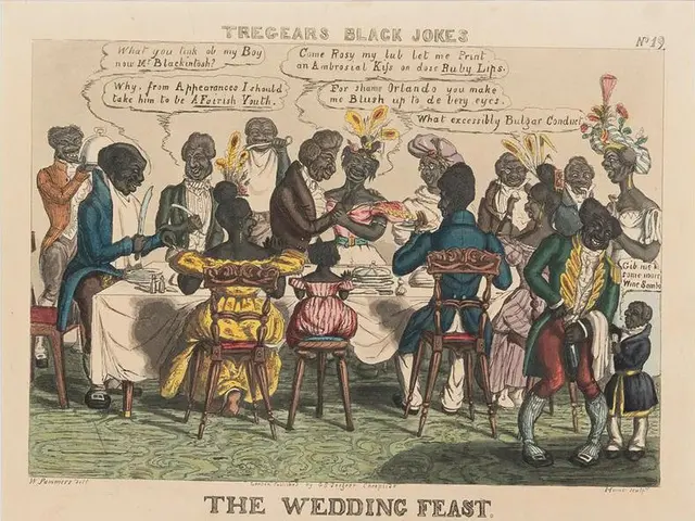 The image shows a group of people sitting around a table, enjoying a wedding feast. On the table...