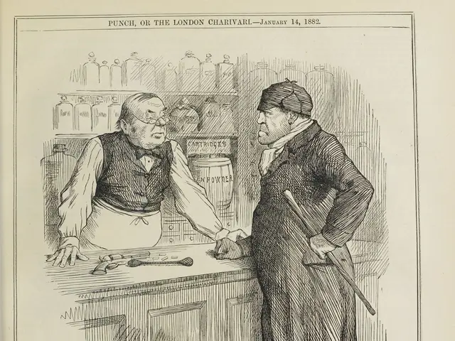 The image shows an old book with a drawing of a man and a woman standing at a bar. The man is...