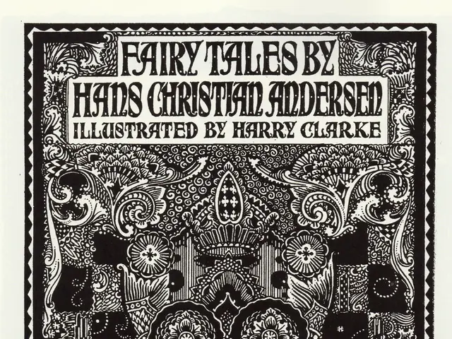 The image shows a black and white poster with the words "Fairy Tales by Hands Christian Andersen"...
