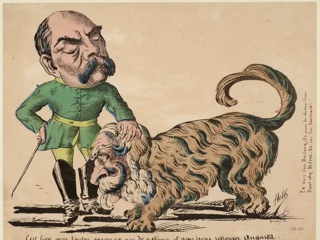 The image shows a cartoon of a man with a cane standing next to a dog. The man has a stern...