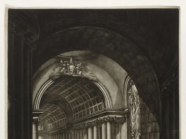 The image shows a view of the halls of the Vatican, with a group of people standing on the floor,...