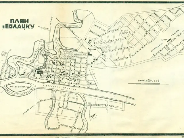 The image shows an old map of the city of Novgorod, Russia, with text written on it. The map is...