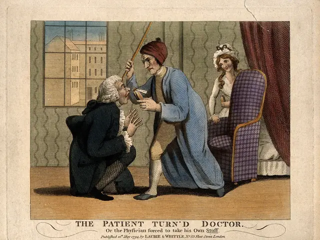 The image shows a man and a woman sitting on a chair, with the man holding a stick in his hand. In...