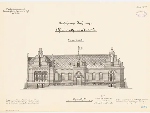 The image shows a drawing of a building with a flag on top of it, which is the main hall of the...