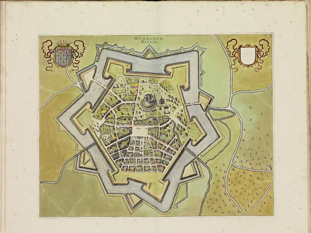 The image shows an open book with a map of the city of Heidelberg, Germany. The map is detailed and...