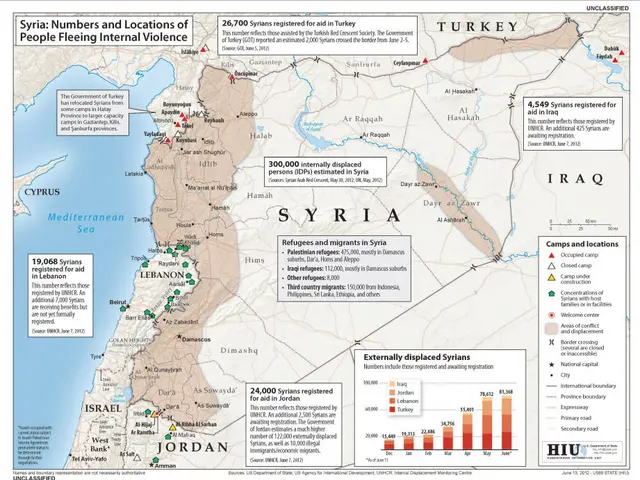 The image shows a poster with a map of Syria, highlighting the number of people fleeing internal...