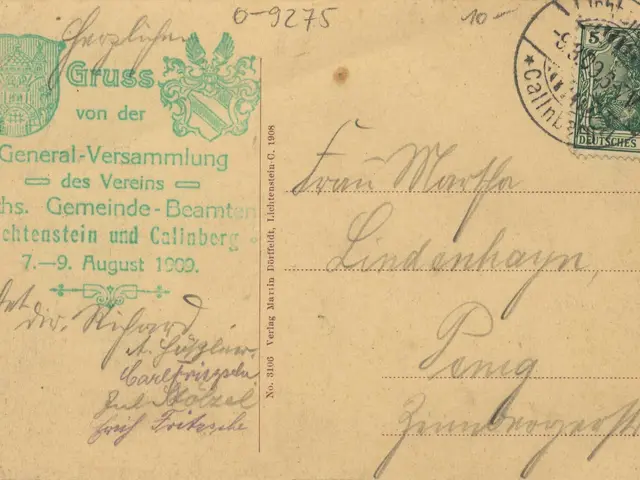 The image shows an old envelope with a stamp on it, featuring a logo and text from Germany in 1909....