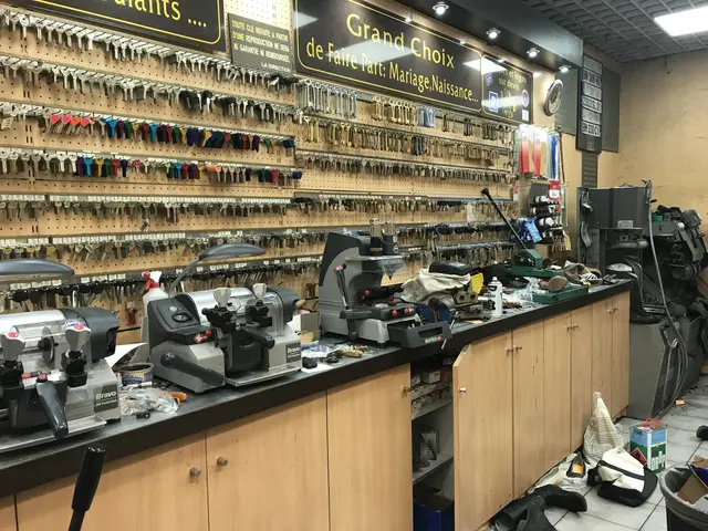 The image shows a room filled with lots of different types of tools, including machines, cupboards,...